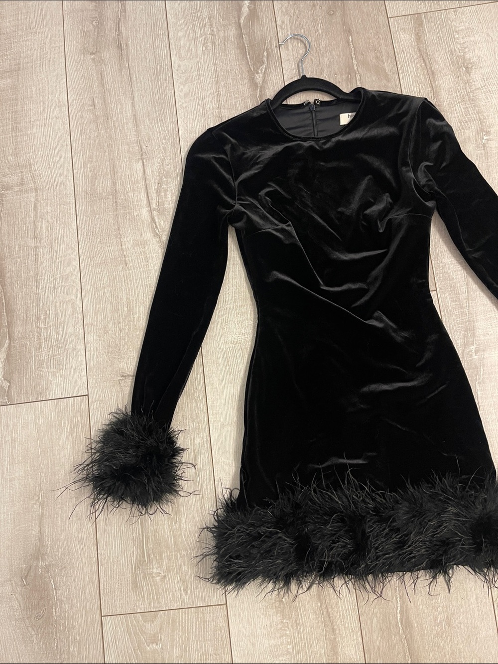House Of CB Black Velvet Feather Trim Long Sleeve Mini Dress XS- worn once! - Picture 6 of 9